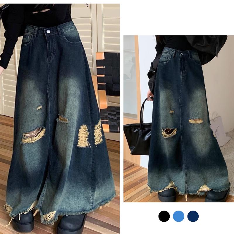 Chân váy jean nữ dáng dài chữ A cạp cao, chân váy midi KABICO dài qua gối _A39