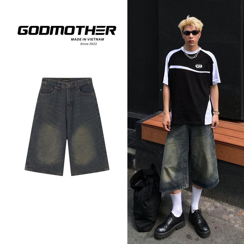 Quần Wide Leg Short Jeans GODMOTHER Quần Short Nam Menswear Ống Rộng, Quần Jeans Short Lửng Phong Cách Cá Tính