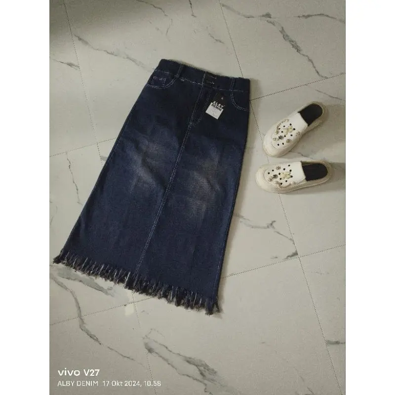 ALYA - Denim Skirt Rok Jeans S05 Vintage Midi Skirt Jeans Rawis A-line Kancing 2 Rok Jeans Wanita Korea Style Rok Jeans Highwaist Rumbai 5