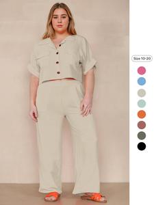 【Plus Size】 Two-piece Set Solid Color Button Crop Top & Wide Leg Trousers, Casual Short Sleeve Top & Pants for Daily Wear, Women's Two-piece for All Seasons, Clothes, Womenswear