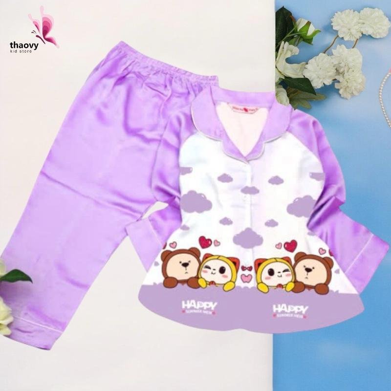 [10-55Kg] Đồ Bộ Pijama  dài tay In Gấu Vải Lụa Latin Cao Cấp - ThaoVySleepwear - Xanh Rêu Đỏ Hồng Tím - Quần Áo Ngủ Pijama Nữ - Bé Gái - Bộ Ngủ Lụa Đồ Bộ Mặc Nhà Homewear Sleepwear Không Nhăn Co Giãn Không Xù Giặt Không Rút 3