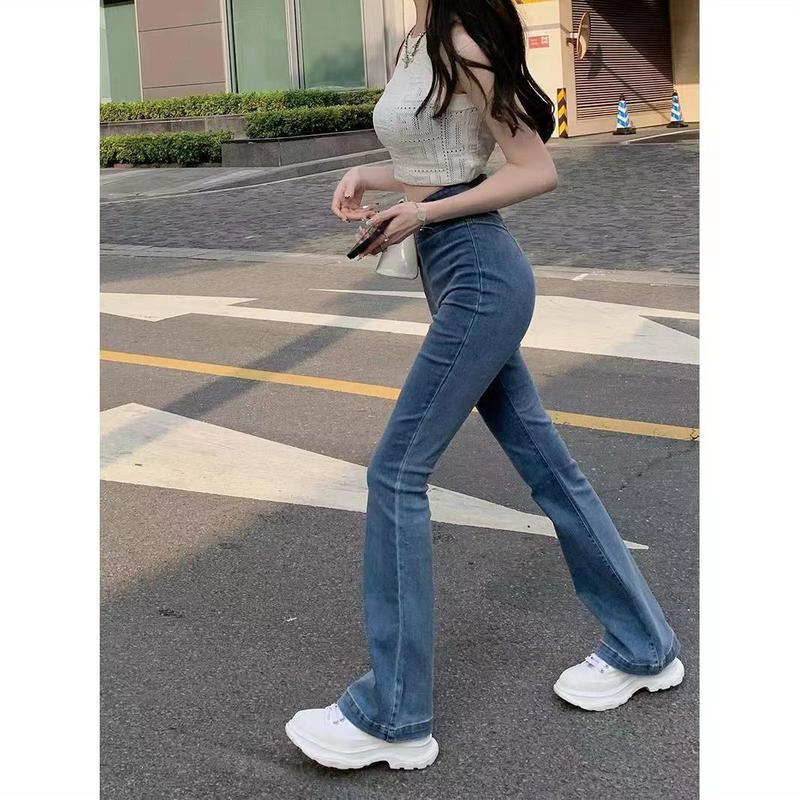 Tiktok shop- Irregular Jeans Women's High Waist Slim-Fit Skinny V-Shaped Trousers Summer Thin Wide Leg Mopping Bell-Bottom Pants Womenswear Lingerie Lady Streetwear Denim Pockets Basic Fitted Minimalist 3