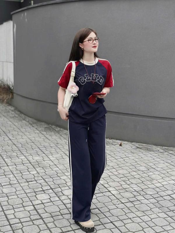 Set Bộ Phối Màu Chạy Sọc Nổi in chữ CLUB  chất cotton cổ bo dệt quần cạp chun co giãn có dây rút có túi phong cách thể thao năng động 2025 top 4