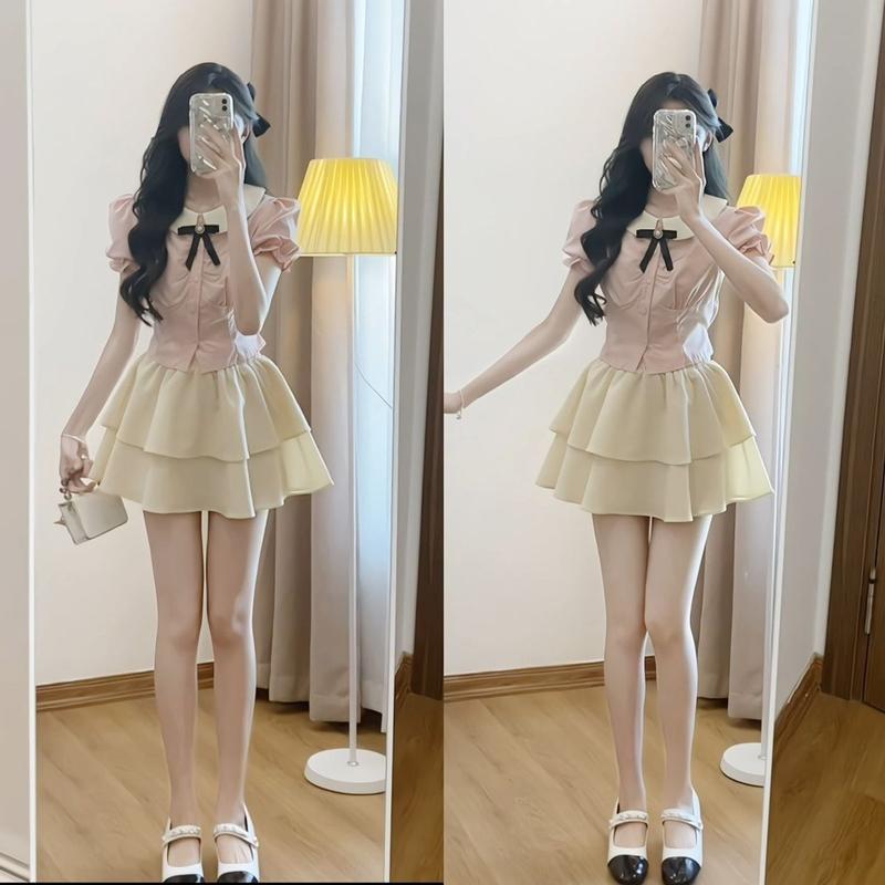 Set Áo Sơ mi Nữ Trắng Hồng Chiết Eo Chân Váy Đũi Sần 2 lớp, Đầm Nữ Chiết Eo Lên Dáng Siêu xᶖnh, Thời trang nữ hot trend 3