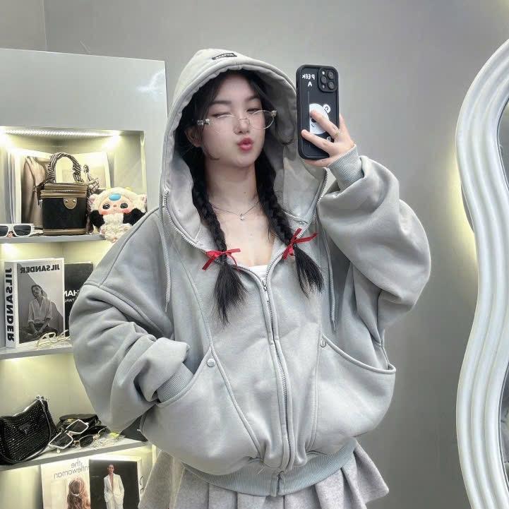 Yumiiclothings Áo Khoác Hoodie Zip Form Boxy Nam Nữ Unisex, Áo Khoác Nỉ Dệt Form Rộng Túi Đứng To Siêu Xinh, Có Nón To