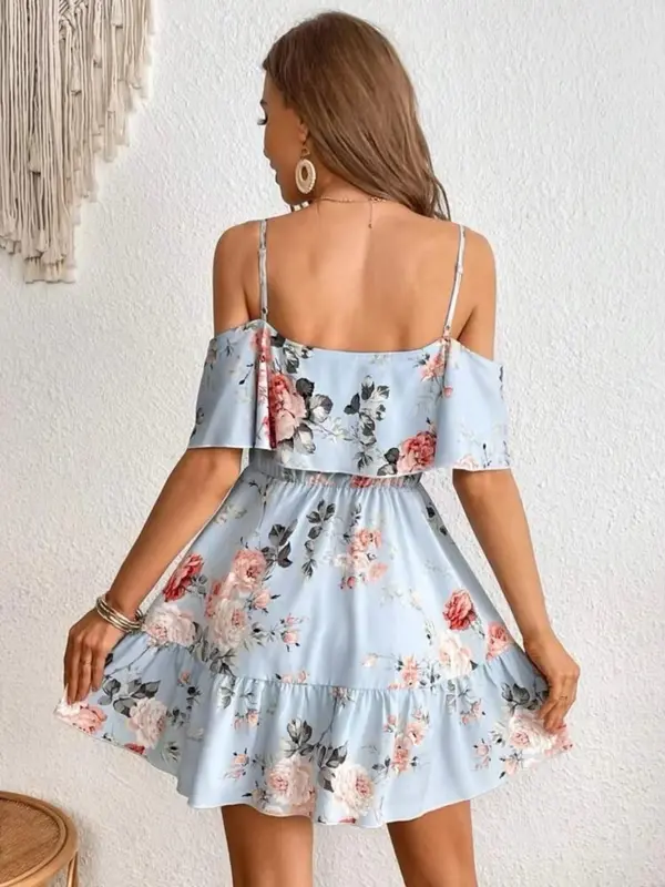 Women's Floral Print Cold Shoulder Ruffle A Line Dress, Boho Flounce Sleeve Short Dress for Beach Holiday Vacation, Ladies Summer Clothes 5