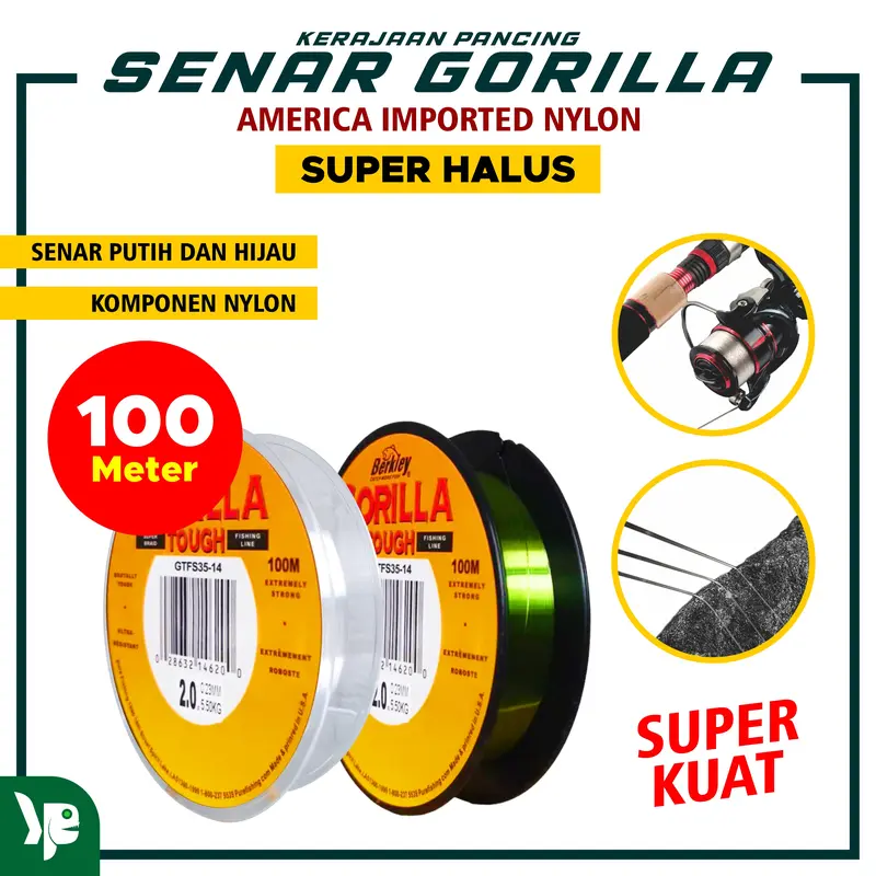 KP- Senar Pancing Berkley Gorilla Tough 100m 2Warna Bahan Nilon Alat Joran Reel 1