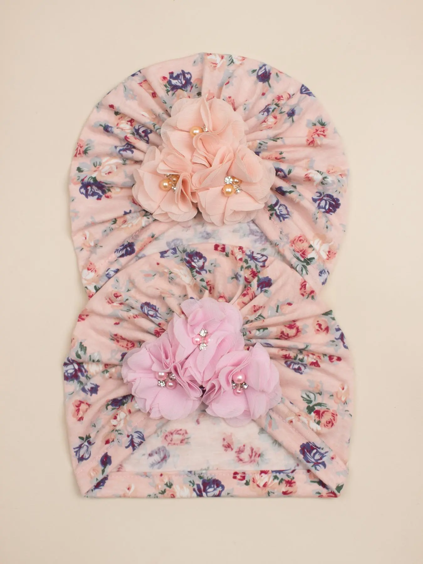Baby Girl's 2pcs Cute Floral Print Faux Pearls Decor Turban Hat, Soft Comfortable Hat for Daily Wear, Newborn Infant Toddler Kids Hat for All Seasons