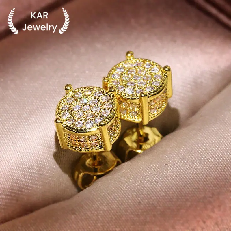 Bông Tai Đinh tán Đính Đá Zirconia Khối, Vít Lưng, Mạ Vàng 18k, Hình Tròn, Unisex, Không Gây Dị Ứng, Hai Tông Màu, Lát Siêu Nhỏ, Đồ Trang Sức Hip Hop