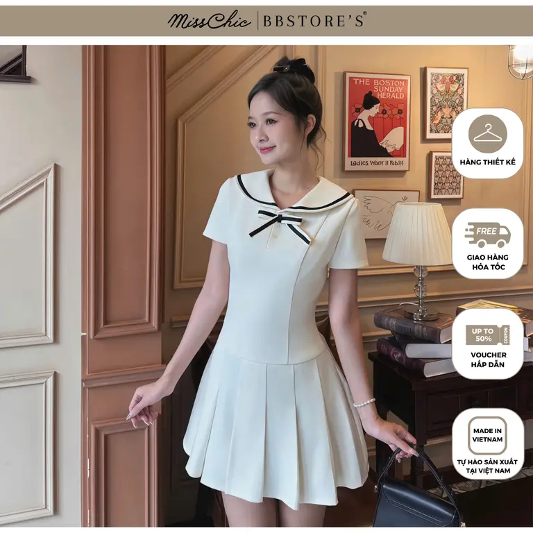 Đầm Xòe Dự Tiệc Form Ngắn Tùng Váy Xếp Ly Phối Nơ Chất Cotton MissChic x BBSTORE'S - D4286B