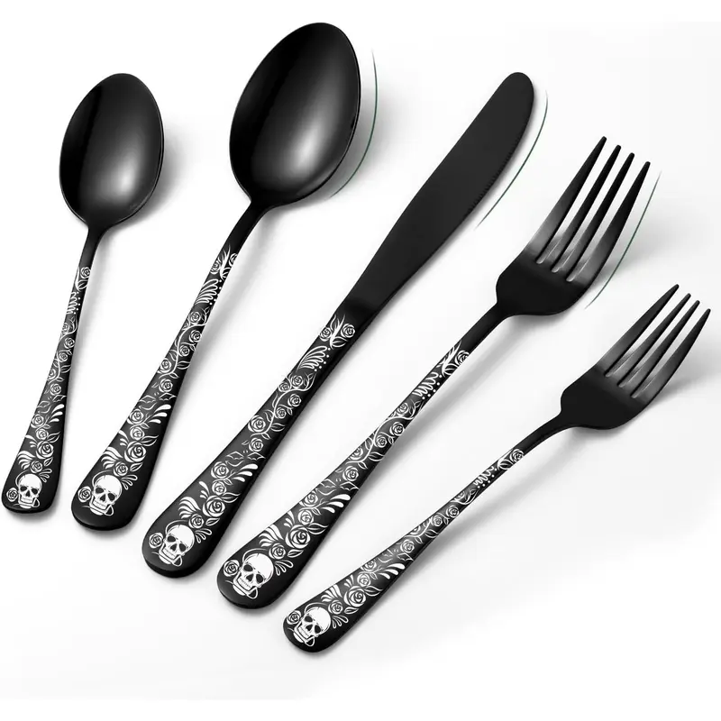 Gothic Style Flatware Set, 5/25pcs Skull & Rose Pattern Flatware Set, Stainless Steel Cutlery Set, Tableware Set for Home Kitchen 0