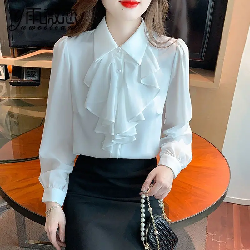 Áo Sơ Mi Trắng, Dành Cho Phụ Nữ, Hàng Mới Về Đầu Mùa Thu 2024, Trang Phục Đầu Mùa Thu, Áo Voan Thanh Lịch Cao Cấp Áo Dài Tay