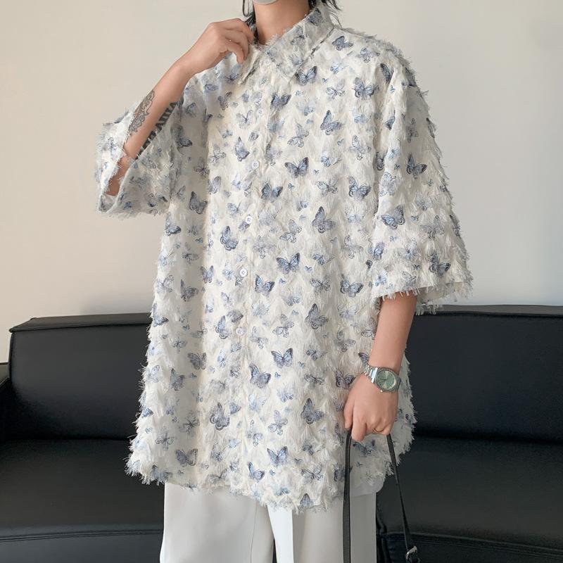 Product Introduction of Summer Design Butterfly Three-Dimensional Tassel Shirt Short Sleeve Men's Niche Vintage Shirt Coat Fashion Brand Couple's Tops 21