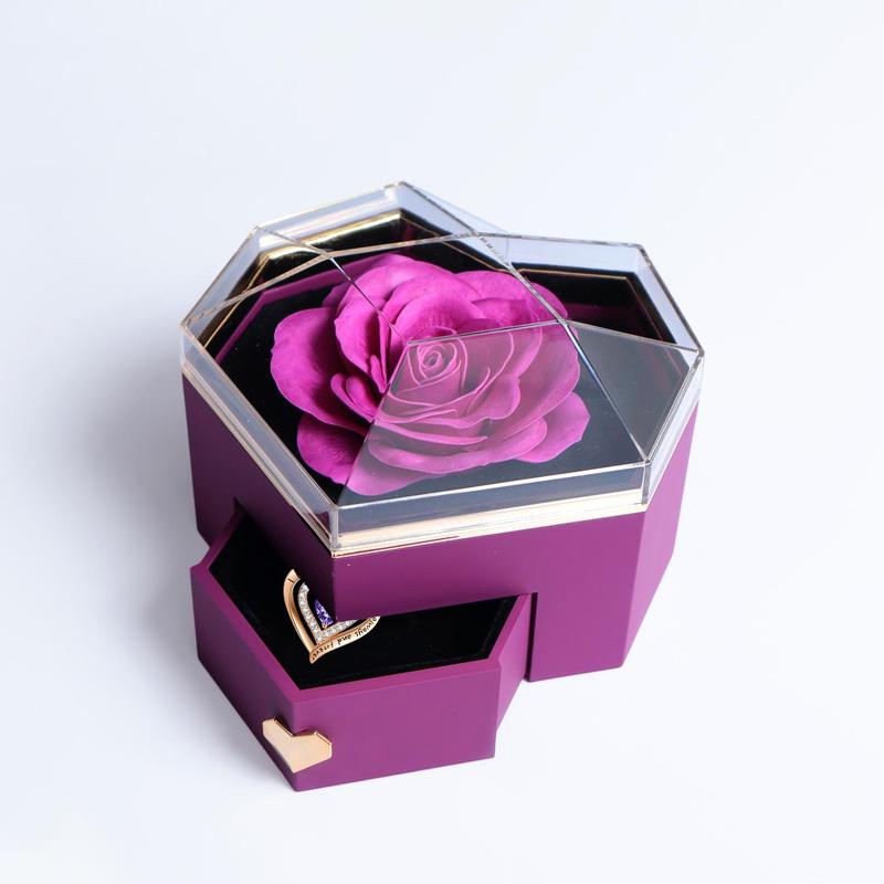 Boyfriend Gifts Artificial Rose Design Necklace with Gift Box & Gift Bag Set, 1 Count Artificial Flower Decor Heart Shaped Necklace Gift Set for Women 3
