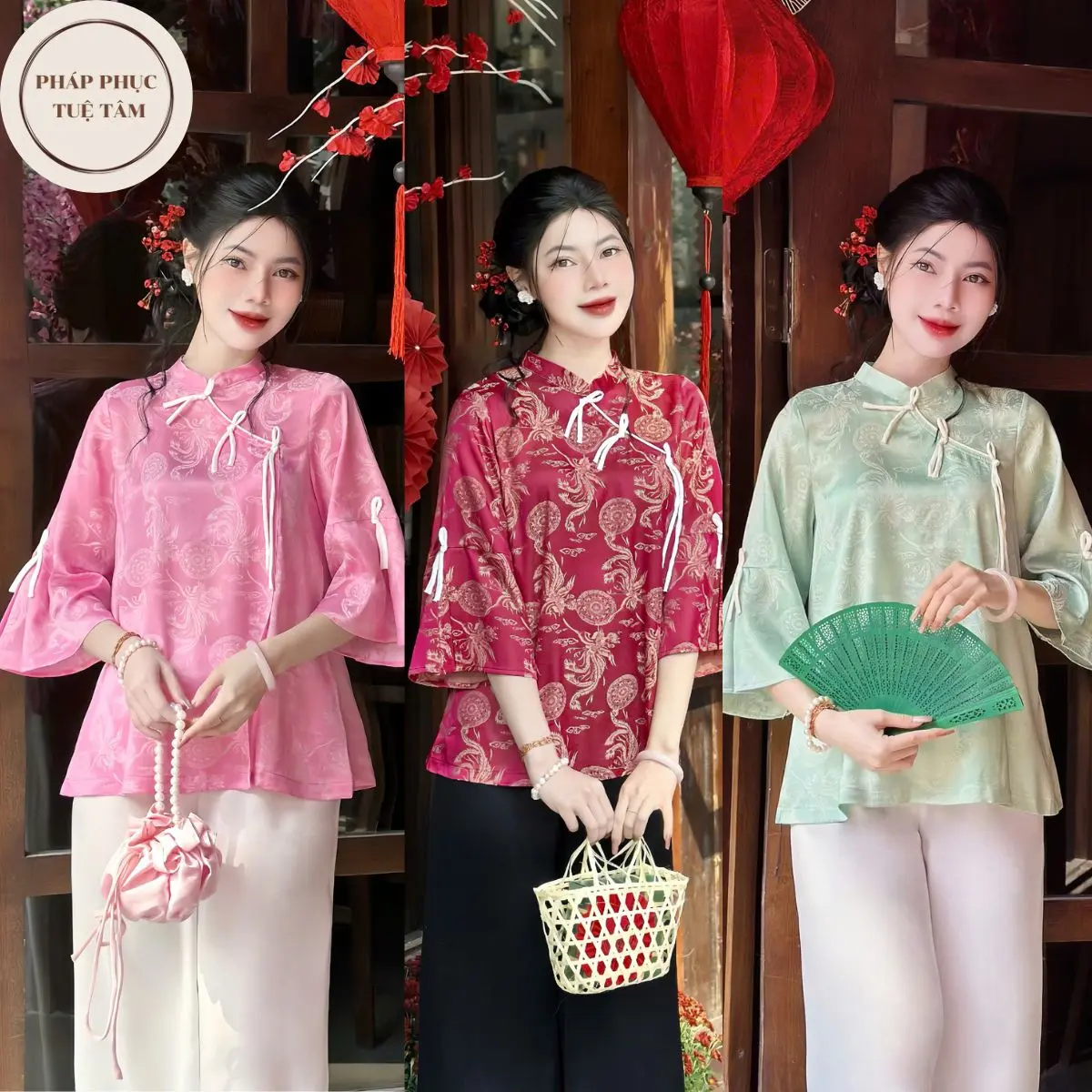 Pháp phục đi chùa cổ tàu lụa gấm phượng đằng tay loe điệu đà
