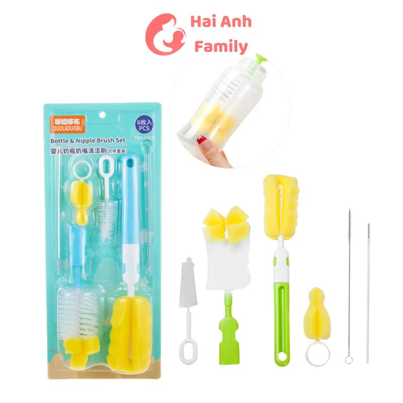 Cọ rửa bình sữa, núm ti, ống hút sữa chất liệu mút xốp 6 chi tiết Hải Anh Family