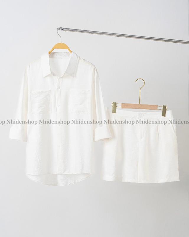 bộ đũi nữ - áo sơ mi dài tay + quần đùi sang chảnh Voi Women Nhung Top 3