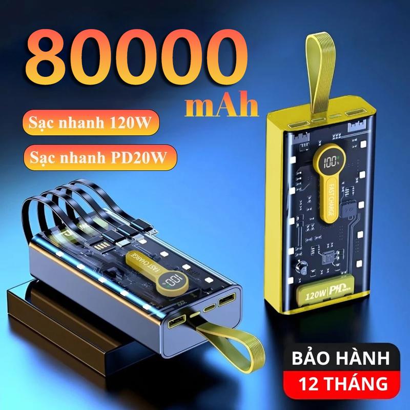 Sạc Pin Dự Phòng 80000mah Tặng cáp Sac siêu nhanh PD 22.5w Trong Suốt Có đồng hồ Hiển Thị Thông Số Sạc Kèm 4 Đầu Sạc Màn Hình LED