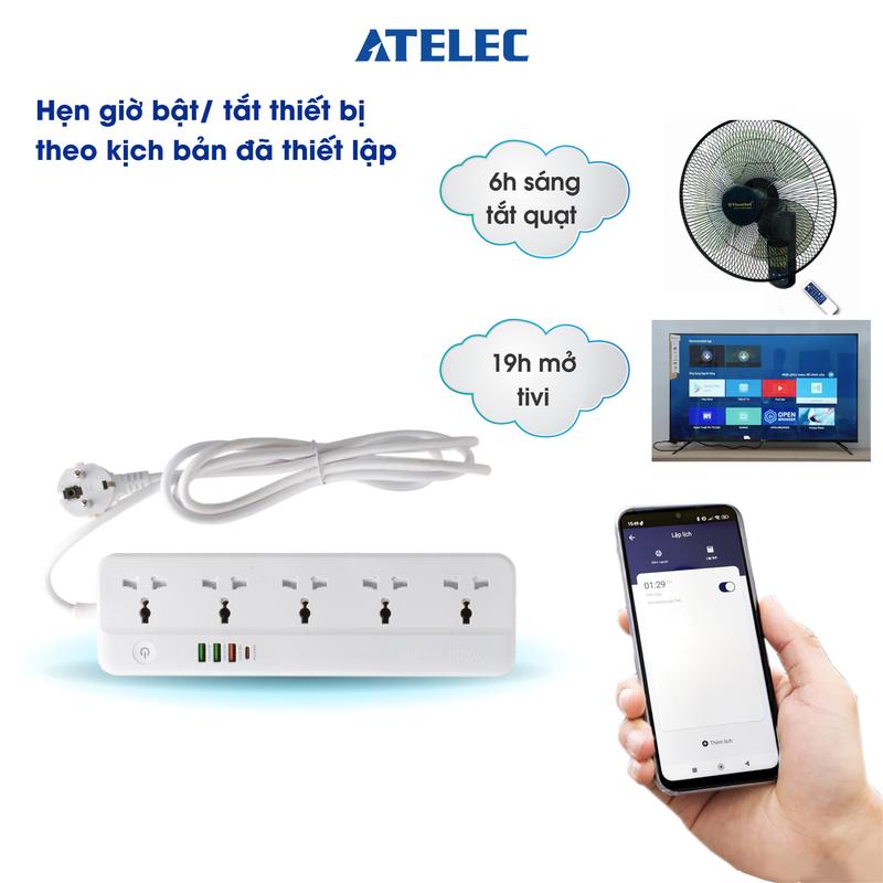 (23) Ổ cắm wifi dài thông minh ATELEC OC09 - 5 cổng - Kết nối không dây qua Wifi, Điều khiển độc lập qua APP Sạc nhanh USB max 20W 2