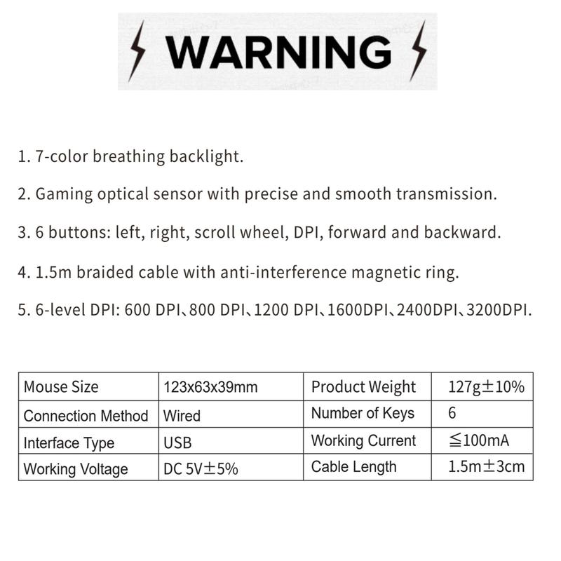Product Introduction of MageGee G6 Wired Gaming Mouse, USB Optical Mouse with 7 Colors Breathing LED Backlit, Ergonomic 6 Adjustable DPI Levels from 600 to 3200 for Laptop PC Computer Games and Work 8
