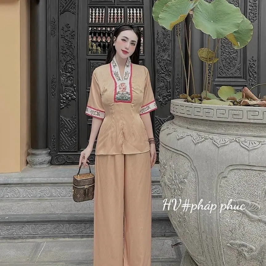 SET ĐỒ LAM ĐI CHÙA NỮ THIÊN ÂN LA HAN CHẤT LIỆU TUYẾT NHUNG  IN 3D QUẦN HAI TUI ỐNG XUÔNG RỘNG SANG TRỌNG Top Women