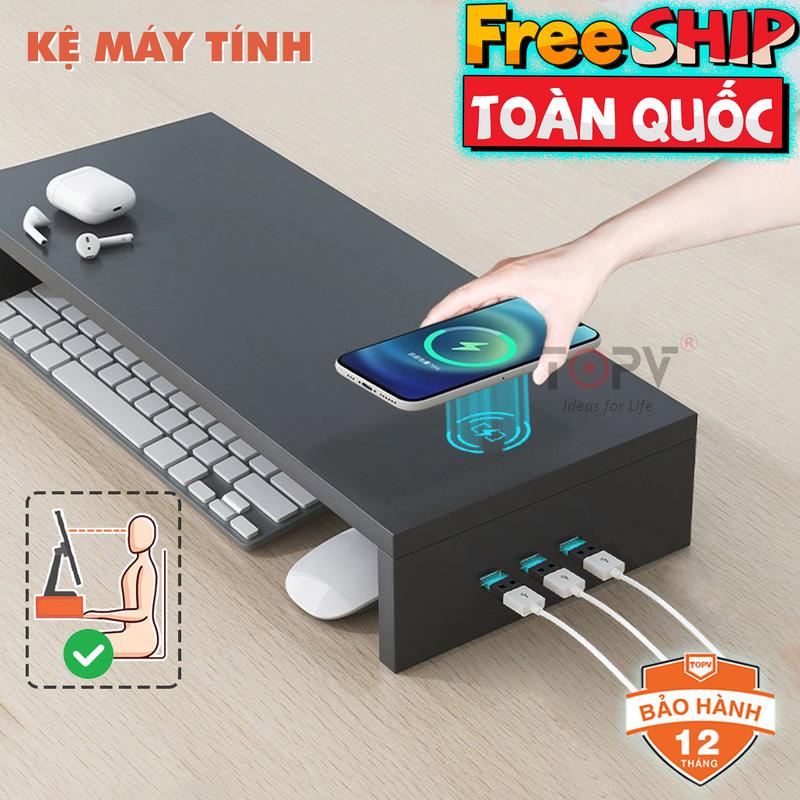 Kệ máy tính gỗ để bàn giá đỡ laptop nâng pc 1 2 tầng trắng kệ màn hình decor bàn học kê vi tính