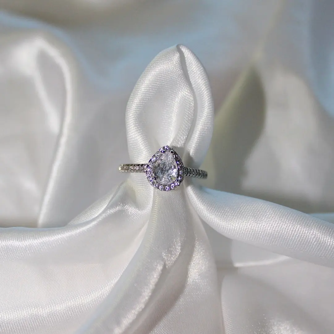 Pear Cut Halo Silver Ring