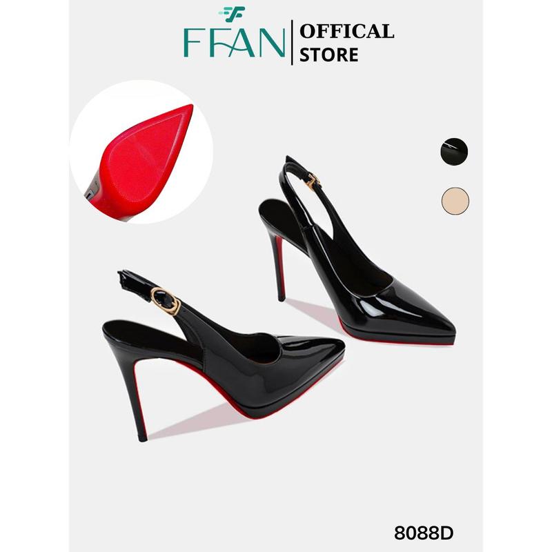  Giày cao gót mũi nhọn hở gót đế đúp  da bóng mềm mại  8088D đế đỏ FFAN STORE gót nhọn 8 10 phân bít mũi màu đen be 