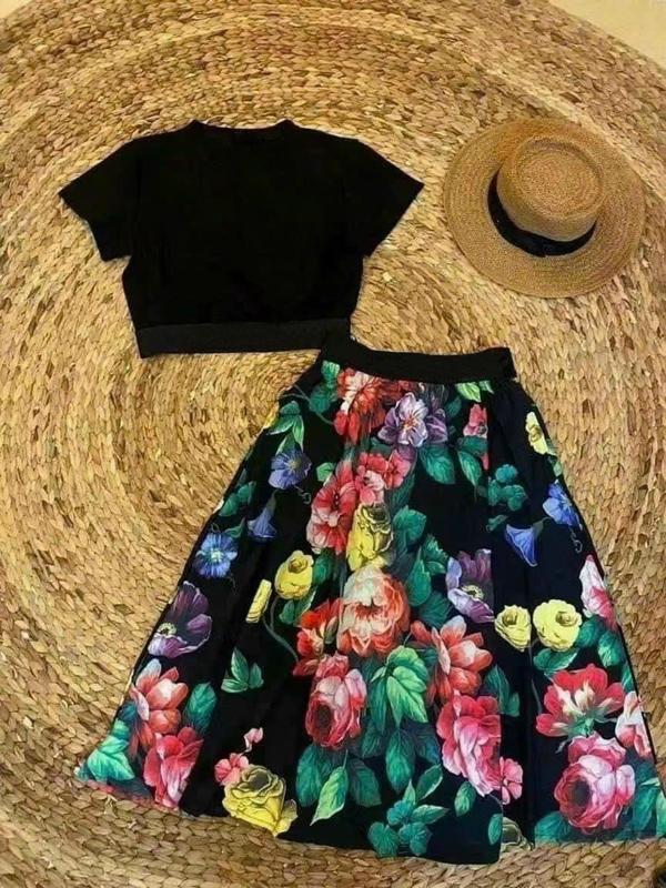 Sét Áo Ngắn Tay Chân váy Nữ Dolce Dài Qua Gối Dáng Chữ A In Họa Tiết Hoa Đi Biển Đi Chơi Du Lịch S311 đầmbody cổtàu Women Top đầm slay setthô thêuhoanổi setyếm tơ setyếm tơ váy lụa nhảy setđồ bigsize chânváy đen xoè nơ set áocroptop áo váy  vay thietke 【