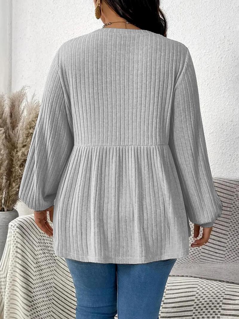 Product Introduction of 【Plus Size】Solid Color Ribbed T-shirts, Casual Long Sleeve Round Neck Top for Daily Wear, Women's Plus Clothing for All Seasons 9