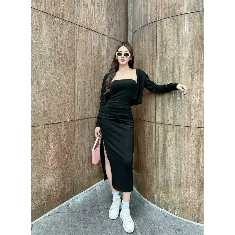 Set bộ nữ đầm ống cúp ngực kèm áo khoác tay dài chất thun gân Kem Top Women Ong 1