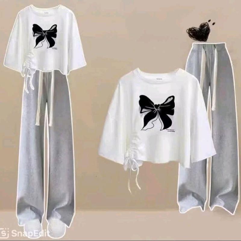 (hàng bình dân) Bộ Đồ Áo Nơ Kèm Quần Xuông Xám