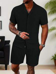 Conjunto de top y pantalones cortos de manga corta sólida para hombre, top y pantalones cortos casuales de ajuste regular, ropa de verano para hombre