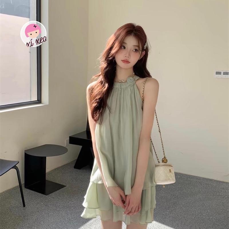 Set áo voan tơ cổ yếm đính hoa kèm chân váy 2 tầng xixeoshop - V116 Nữ Women