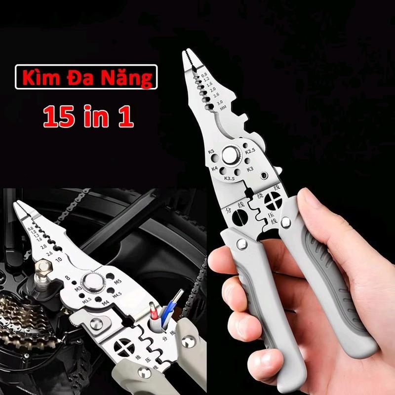 Kìm tuốt dây điện đa năng 15 trong 1 kiêm kìm bấm cos,kìm điện đa năng thép không rỉ