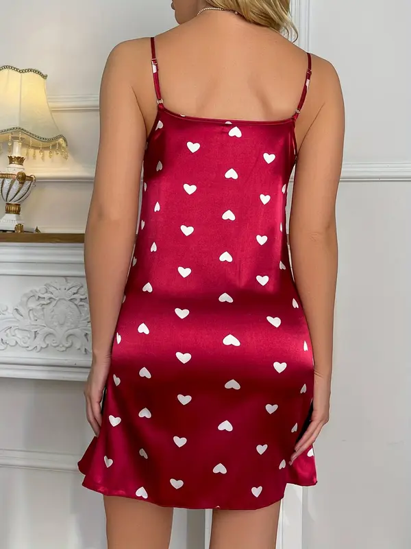 Women's Heart Print Adjustable Strap Satin Nightdress, Casual Sleeveless Cami Silk Nightgown for Daily Home Wear, Women's Sleepwear for Summer 1