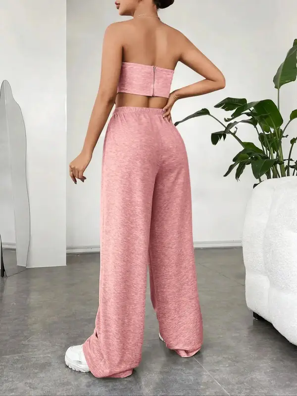 Women's Solid Crop Tube Top &  High Waist Elastic Waist Wide Leg Pants Set without Necklace, Summer Clothes Women, Mean Girls Basic Comfort Cropped Top & Trousers 1
