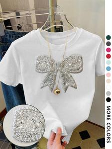 Women's Cartoon Bowknot Print Round Neck Tee, Fashion Casual Crew Neck Short Sleeve T-Shirt for Daily Holiday Vacation Outdoor Wear, Ladies Clothes for All Seasons, Top