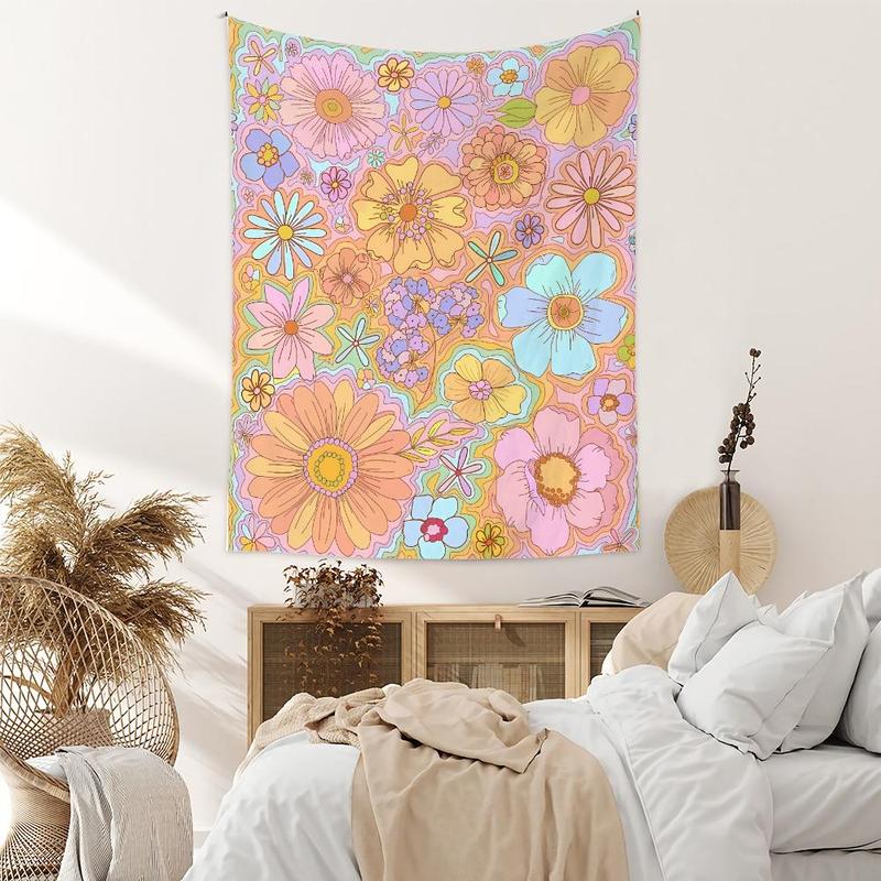 Floral Pattern Tapestry, Wall Hanging Tapestry, Cartoon Art Flower Decoration Background Cloth for Home Living Room Bedroom 4