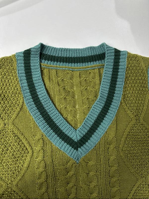 Women's Contrast Binding Split Hem Cable Knit Sweater Vest, Casual V Neck Sleeveless Jumper Vest for Fall & Winter, Fashion Ladies' Knitwear for Daily Wear 3