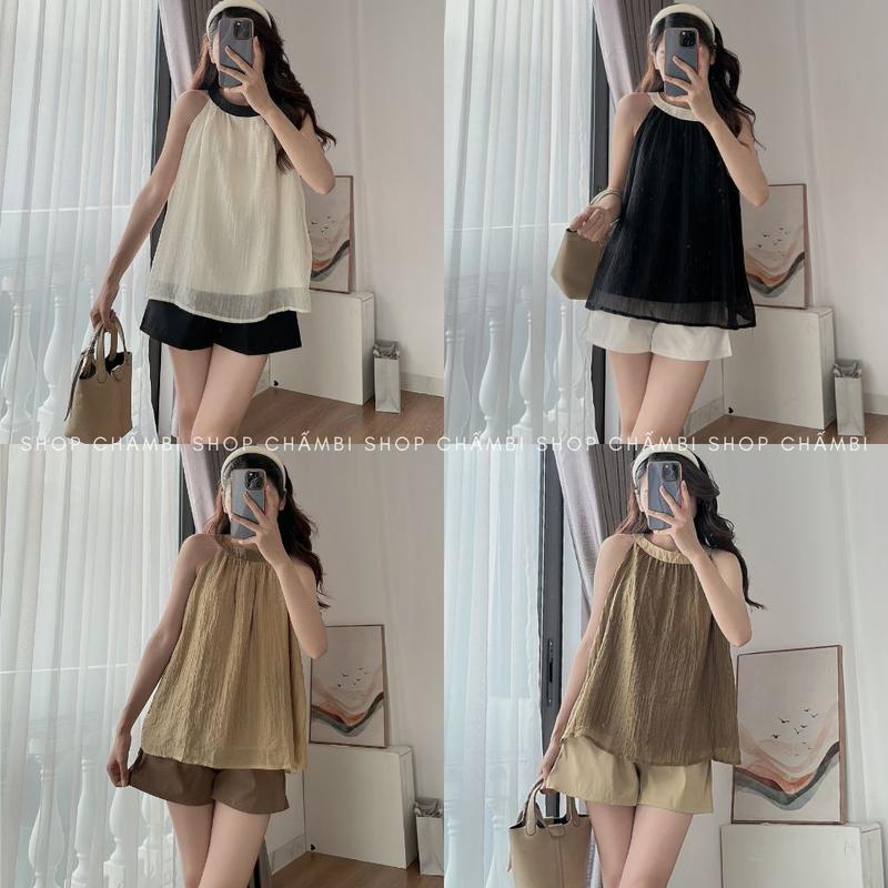 [XẢ HÀNG] Set đồ nữ đi chơi S.194, Set áo tơ nhăn cổ yếm thắt nơ sau kèm quần short kaki phong cách dễ thương - Shop Chấm Bi
