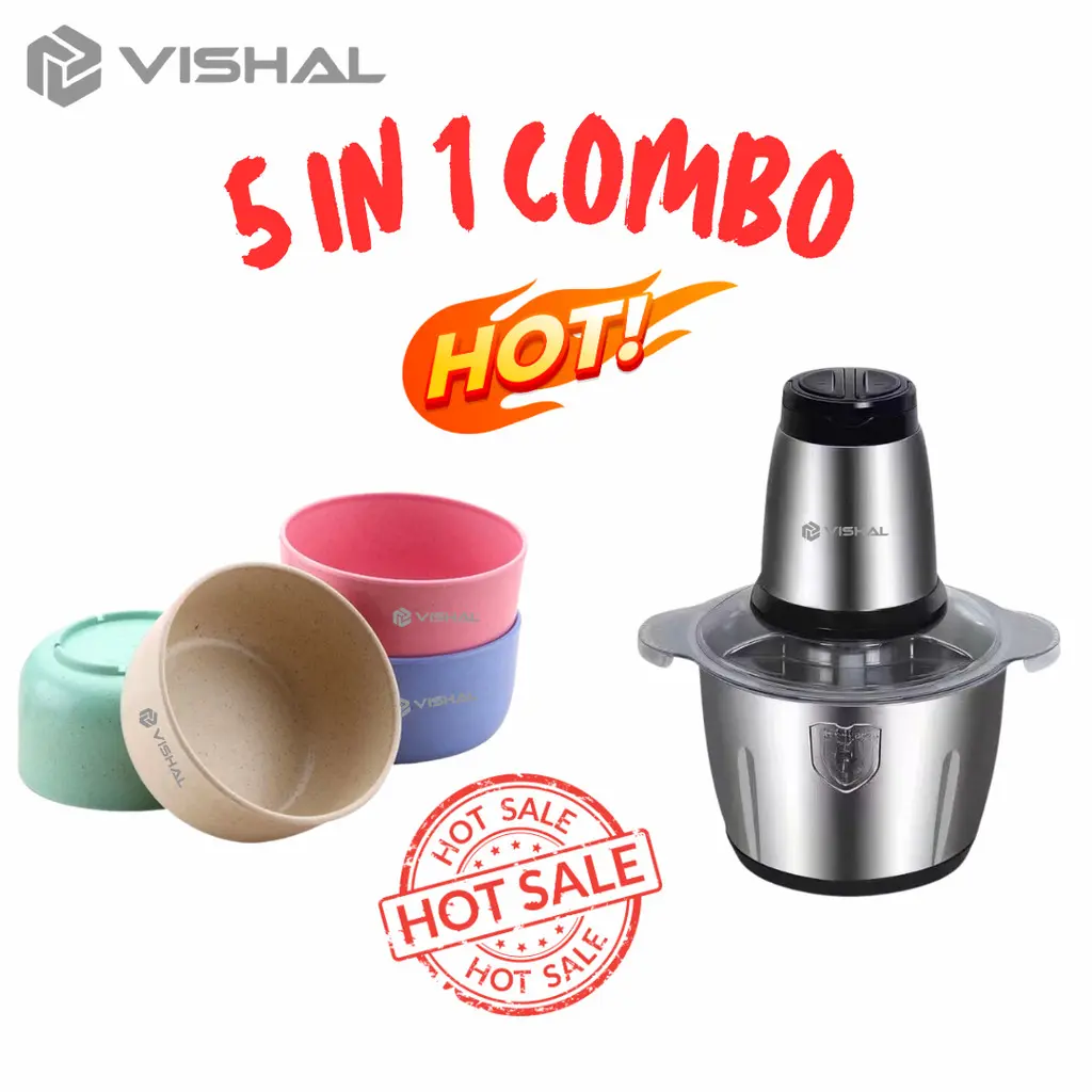 VISHAL Paket Combo 2in1 Set 4 Pcs Mangkuk Bulat Jerami+Blender Daging Mesin Penggiling Daging Sayur Chopper Serbaguna