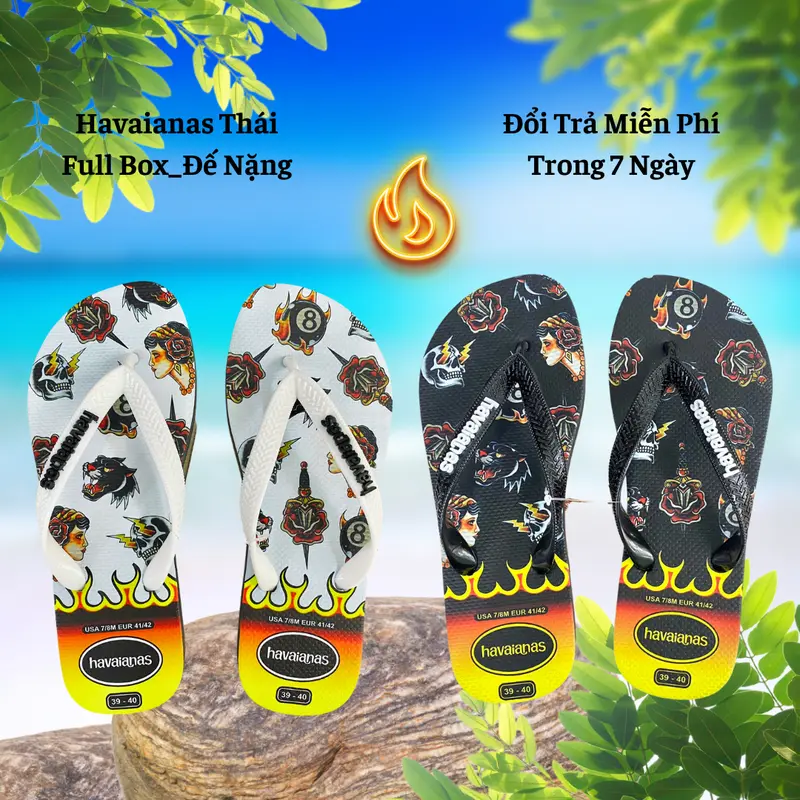 Dép Kẹp-Tông FullBox Dép Nam Hình in [ Lửa Trắng-Lửa Đen ] Đế Cao Su Nguyên Khối, Chống Trơn Trượt, Lâu Mòn, Thích Hợp Đi Biển-Đi Mưa Đế Bằng DéP 0