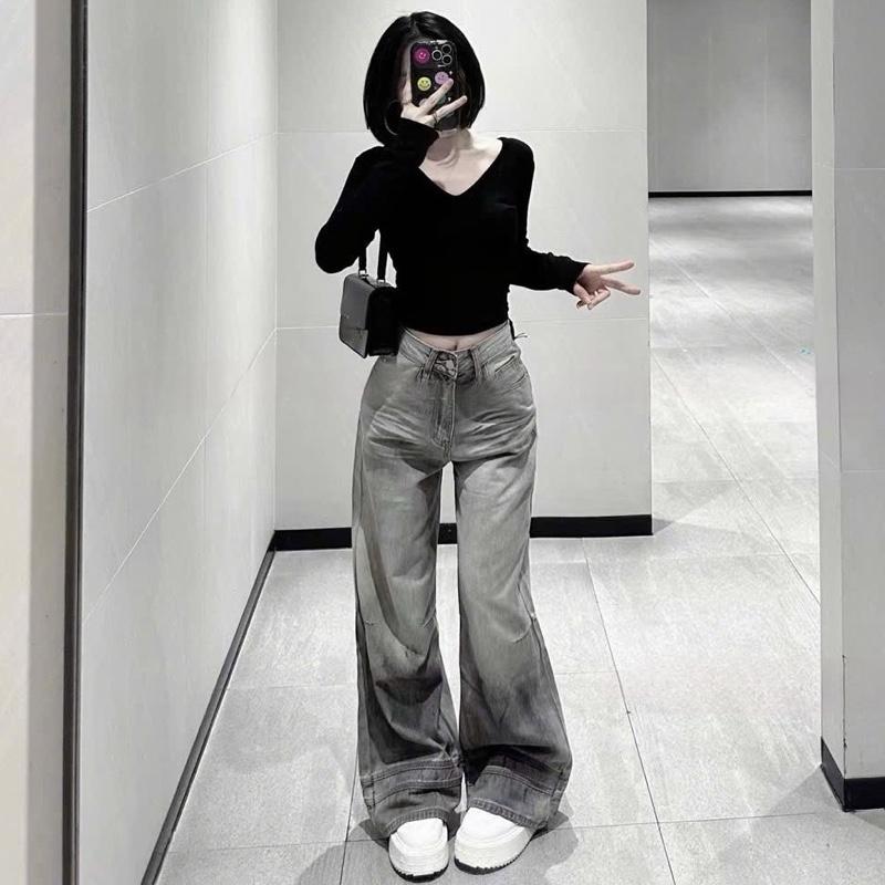 Lynk Nhi • Quần Jeans Xuông Dài 104cm Màu Khói Giả Nhăn Chất ( Hàng QCCC)#9277  ống rộng 33cm Nữ Women Pants 0