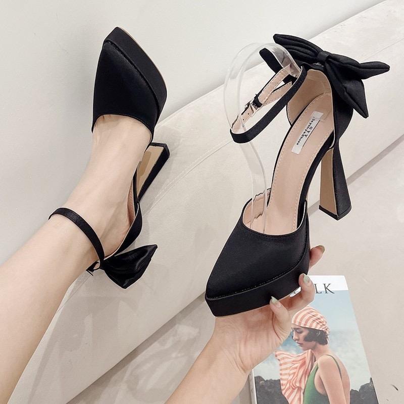 HÀNG SẴN GIÀY 12 PHÂN SADAL CAO GÓT NỮ HẬU BÍT BÍT MŨI GẮN NƠ LỤA SATIN HG35006 GIÀY XINHHH999 Shoes Sandal