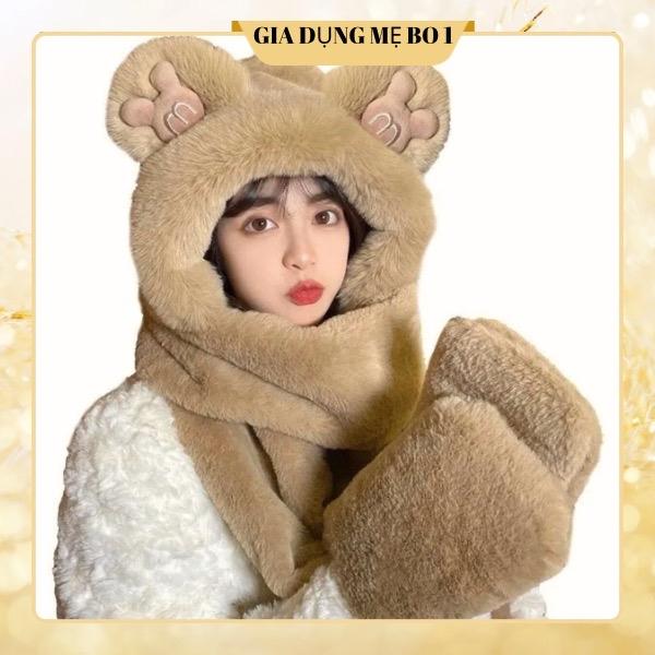 Mũ len trùm đầu tai gấu nổi, khăn quàng cổ có mũ và găng tay mềm ấm ấp. Hat Voi Đèn m 1