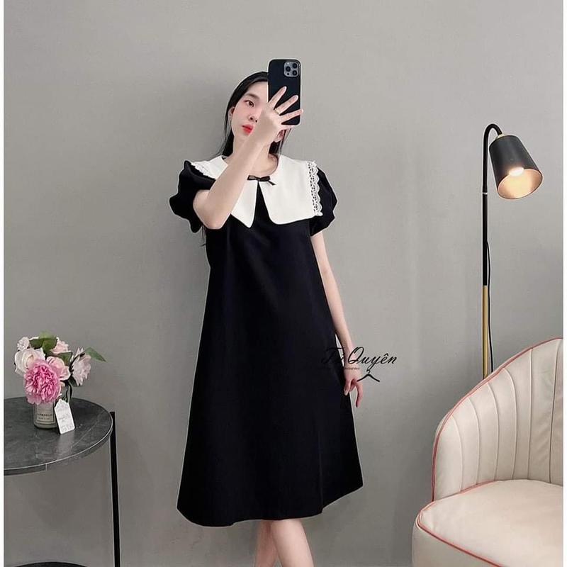 váy bầu xuông chữ A cổ ren chất liệu tuyết mưa siêu mềm mát phù hợp đi làm cũng như đi chơi size 40-75kg