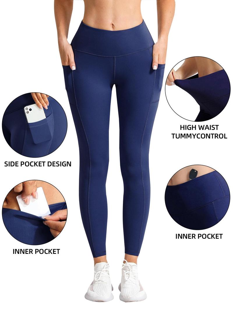 Product Introduction of Women's Solid High Waist Pocket Sports Leggings, Breathable Comfortable High Stretch Yoga Tummy Control Leggings, Ladies Sportswear for Indoor Outdoor Wear 5