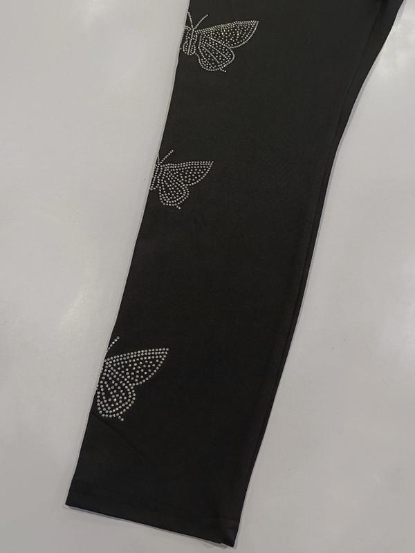 【Plus Size】 Rhinestone Decor Butterfly Pattern Leggings, Casual Comfy High Waist Skinny Pants for Women, Women's Bottoms for Fall & Winter 5