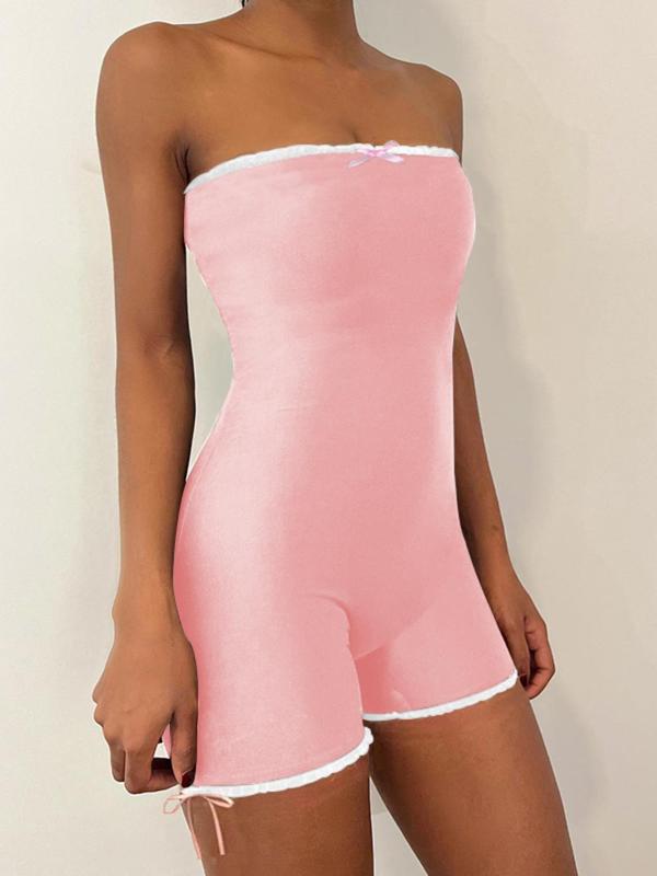 Women's Sexy Contrast Binding Bow Decor Tube Romper, Summer Clothes for Women, Stretchy Strapless One-piece Romper for Summer, Women's Clothes for Holiday Beach Valentine's Day, gift, Womenswear 5